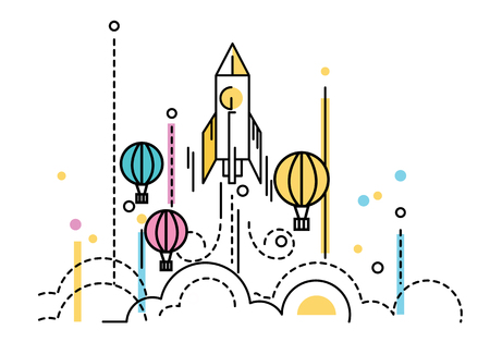 balloon: Rocket launching over the hot air balloons. Business competition concept. flat line design. Vector illustration