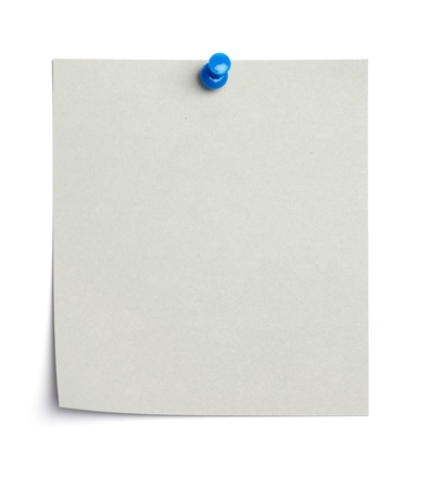 Single piece of paper, empty for copy space, pinned with a thumb tack. Isolated on white background.
