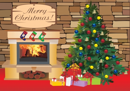 Escena de la Navidad con los regalos del árbol y fuego en el fondo. Foto de archivo. Escena de la Navidad con los regalos del árbol y fuego en el fondo. Foto de archivo.