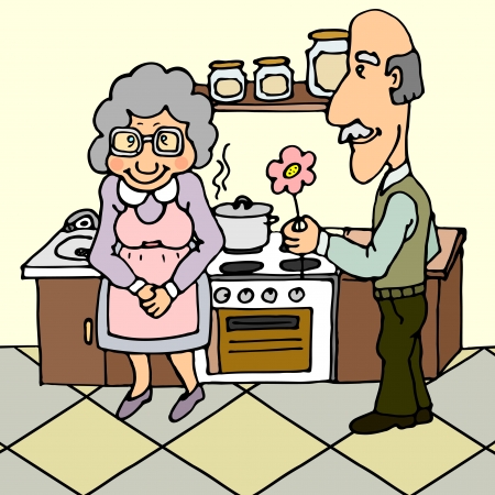 Vieil homme donnant la fleur  sa femme prs de cuisinire Banque d'images - 16788653