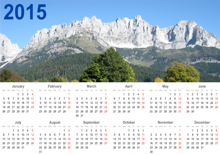 Calendario 2015 en Inglés con un fondo de montañas en la parte superior. Foto de archivo. Calendario 2015 en Inglés con un fondo de montañas en la parte superior. Foto de archivo.