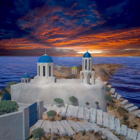 ギリシャ様式の建物で adv の素敵な夕日. 写真素材