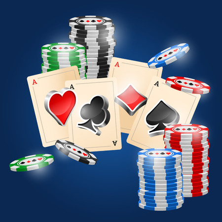 poker: Four aces and poker chips vector illustration with three dimensional suits.