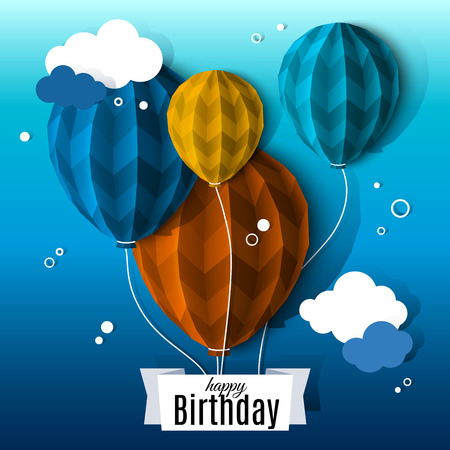 balloon: Birthday card with balloons in the style of flat folded paper. Illustration