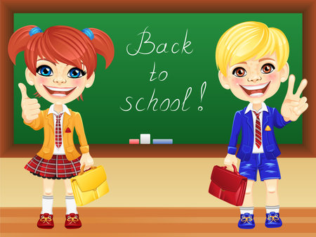 smiling happy schoolchildren girl and boy in a school uniform with a school backpack near blackboard Stock Photo - 18206118