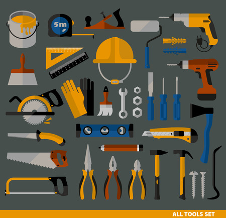 outils electroportatifs: Outils Bâtiments icons set. Plats symboles de conception.