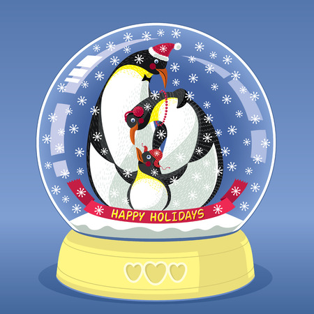 Vector illustration with cute penguins inside snowing globe. With text: Happy Holidays. Illustration