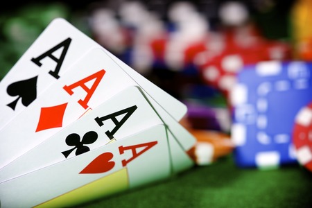 poker: view of a gaming table with green mat Stock Photo