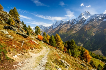 Bietschorn Gipfel im Herbst mit Wanderweg. Blick vom Laucheralp, Lötschental, Wallis, Schweiz Stockfoto - 18461526