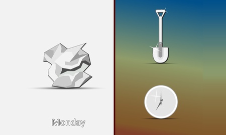 Symbols of Monday - icons of the crumpled paper, a shovel and hours on a gray-beige-brown background