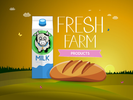 Fresh farm products. Bread and milk carton with a picture of a cow. Vector illustration Illustration