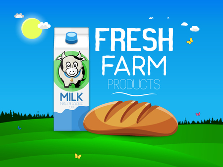 Fresh farm products. Bread and milk carton with a picture of a cow. Vector illustration Illustration