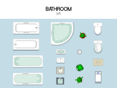 set of furniture for the bathroom with bath, sink, toilet, washing machine, trash and mat, top view.