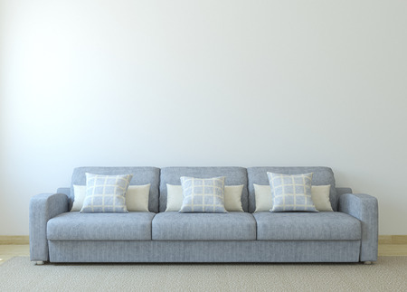 Moderne woonkamer interieur met grijze bank in de buurt van lege ...