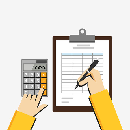 budżet: Płaski ilustracja dokumentu podatkowego, arkuszu kalkulacyjnym, planowanie budżetu, analizy rynku, rachunkowości finansowej. Ilustracja