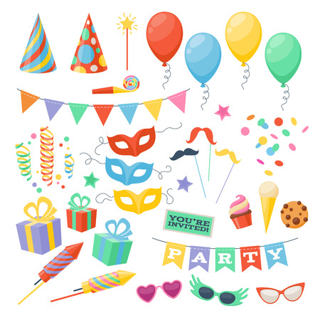 balloon: Celebration party carnival festive icons set. Colorful symbols - hat, mask, gifts, balloon. Illustration