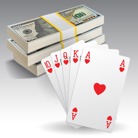 poker: A royal straight flush playing cards poker hand in hearts and money. Vector illustration Illustration