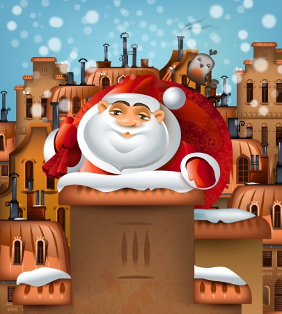 Feliz Navidad y Feliz Año Nuevo, Papá Noel bajando por la chimenea. Foto de archivo. Feliz Navidad y Feliz Año Nuevo, Papá Noel bajando por la chimenea. Foto de archivo.