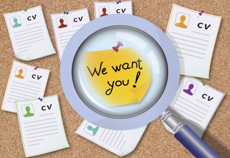 empleo: Leyenda Te queremos en el tablero con un montón de CV El concepto de singularidad Foto de archivo