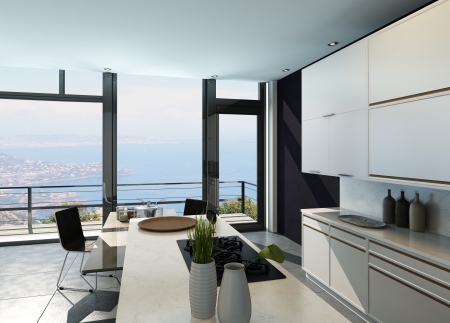 Moderne witte keuken interieur met de liggende royalty vrije foto ...