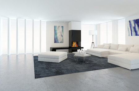 Interiör från modern living room i lägenhet med öppen spis och vit ...
