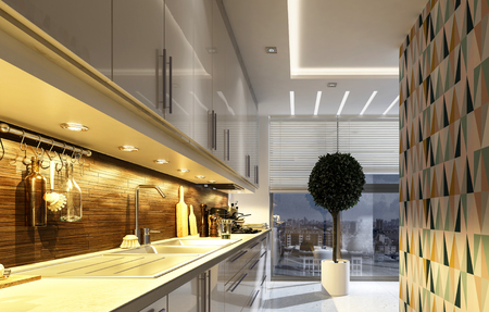 Stijlvolle, moderne keuken met geometrische accent muur, verlicht ...