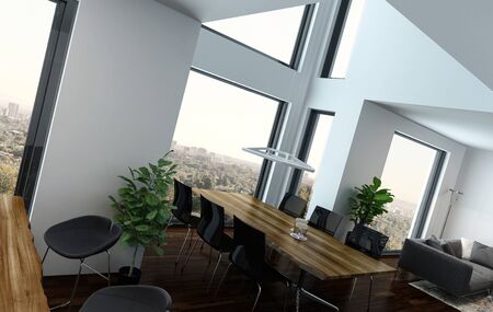 Design moderno salone interno con un tavolo da pranzo in una orial ... Saloni con parquet
