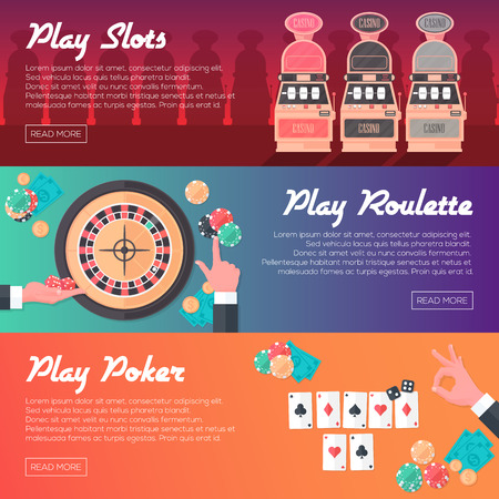 poker: Casino Horizontal Banner Set Slot Machine Poker and Roulette. Flat Style. Clean Design. Vector Illustration.