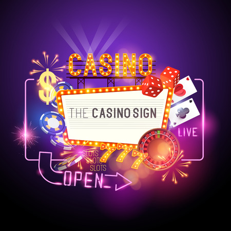 poker: Casino Party Vector - Role the dice - Win big! Casino vector illustration design with poker, playing cards, slots and roulette. Glowing Casino sign. Layered illustration. Illustration