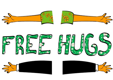 friendship hug: Hand drawn illustration of open hands with Free hugs text