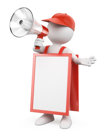 3d white people. Blank sandwich board man with a megaphone. Isolated white background. Stock Photo 3d white people. Blank sandwich board man with a megaphone. Isolated white background. Stock Photo - 24096524