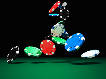 poker: 3d image of classic poker chips and green table
