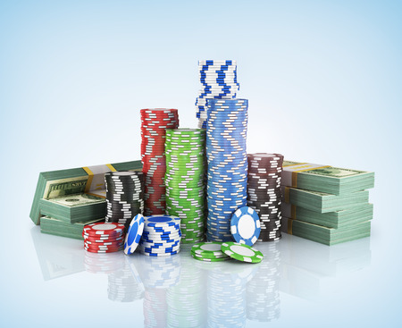 poker: Stacks of poker chips with stack of dollars.