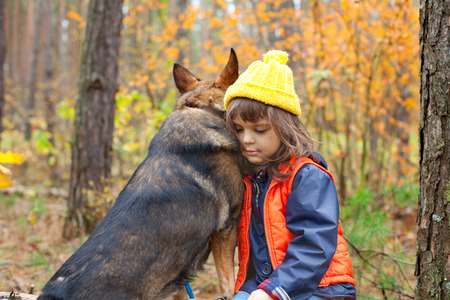 Niña triste, con su perro grande en el bosque, en otoño. Foto de archivo. Niña triste, con su perro grande en el bosque, en otoño. Foto de archivo.