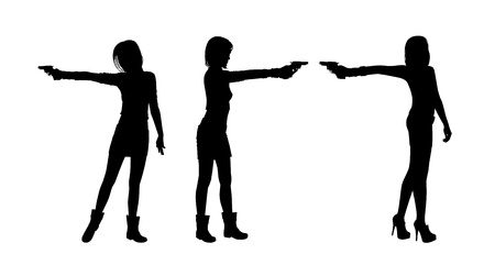 tres siluetas de mujeres hermosas jóvenes apuntando con un arma de fuego Foto de archivo. tres siluetas de mujeres hermosas jóvenes apuntando con un arma de fuego Foto de archivo.