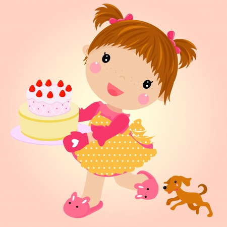 Niña pequeña con la torta de cumpleaños, celebrando. ilustración vectorial. Foto de archivo. Niña pequeña con la torta de cumpleaños, celebrando. ilustración vectorial. Foto de archivo.