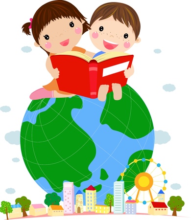 Livre de lecture Enfants Assis sur Illustration Vecteur Globe Banque d'images Livre de lecture Enfants Assis sur Illustration Vecteur Globe Banque d'images - 14992196