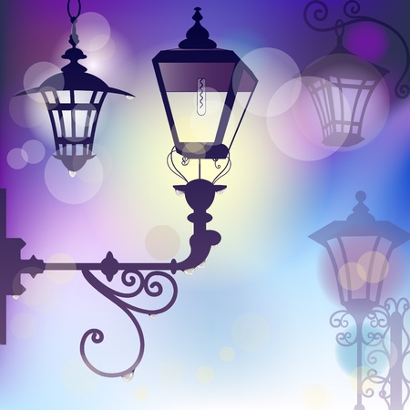 Moonlight lanterns: Nền sáng Vector với lồng đèn wrought với các giọt nước mưa và ánh sáng ngọn lửa Hình minh hoạ