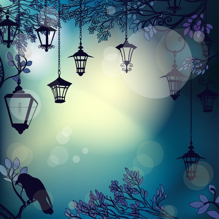 Moonlight lanterns: Mystic đêm nền với các ngành và lồng đèn cây Hình minh hoạ