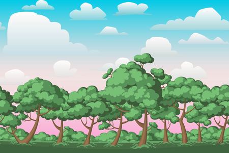 Sunset landscape vector: Cartoon thiên nhiên liền mạch ngang cảnh quan với bụi rậm, cây cối và buổi tối trời mát mẻ vào buổi tối hay những đám mây hoàng hôn. Vector minh hoạ. Parallax nền cho các trò chơi chạy vô tận.