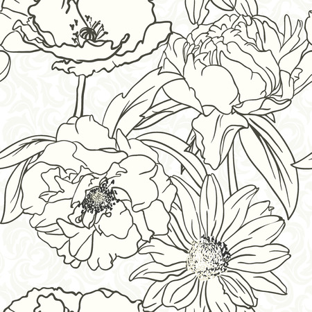 モノクロの背景に赤い花を持つシームレス花柄のイラスト素材 ベクタ Image