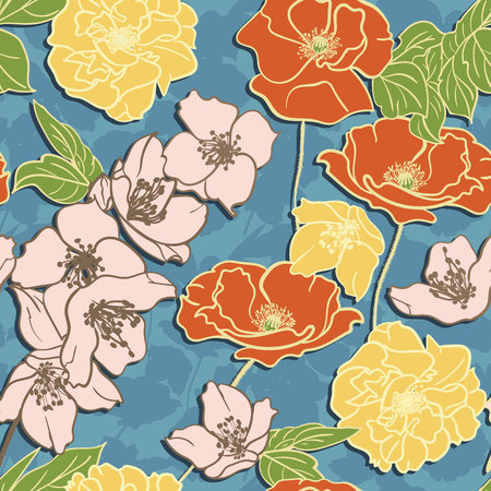手描き花柄壁紙 シームレスなパターン レトロな色の花と青の背景にのイラスト素材 ベクタ Image