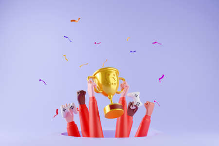 3d hands holding up a gaming trophy Stock Photo