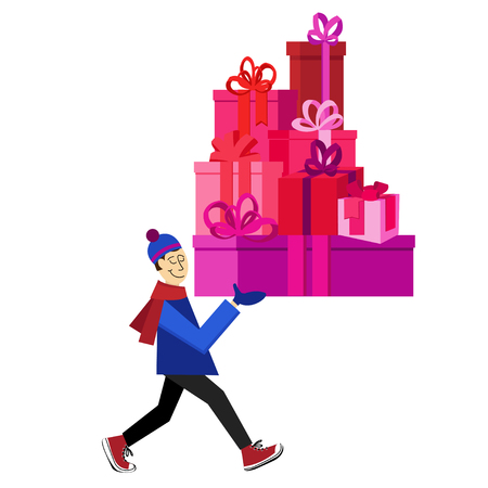 greeting cards International Women s Day: Flat vector Greeting Card illustration isolated with guy buying presents for Valentines Day, holidays or Birthday. Valentines day sales shopping. Love Mountain Gifts for You Hình minh hoạ