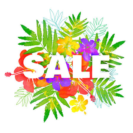 watercolor tropical flowers bouquet with black big summer sale