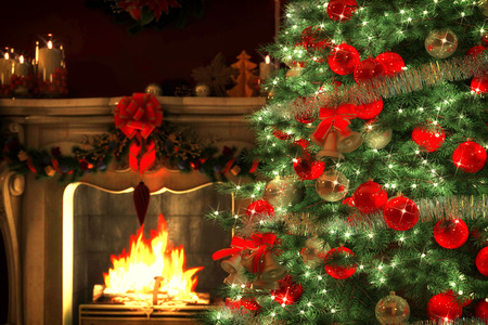 Albero di natale e confezioni regalo di natale all'interno di un ... Disegno Natale camino