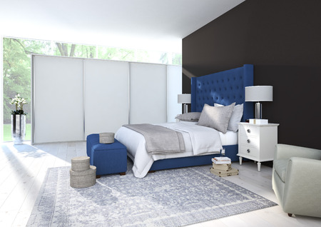 Comfortabele Slaapkamer Met Mooie Decoratie, Interieur Ideeën. 3D ... Comfortabele Slaapkamer Met Mooie Decoratie, Interieur Ideeën. 3D ...