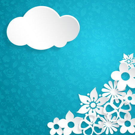 blue background with flowers and clouds cut out of white paper cloud cut out