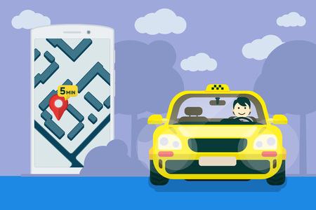 タクシー サービス フラット イエロー タクシー ドライバー ドアを開けると車 車のフロント ビュー マップ上のラベルとフラットの携帯電話 タクシー オンライン申請 ベクトル イラスト のイラスト素材 ベクタ Image