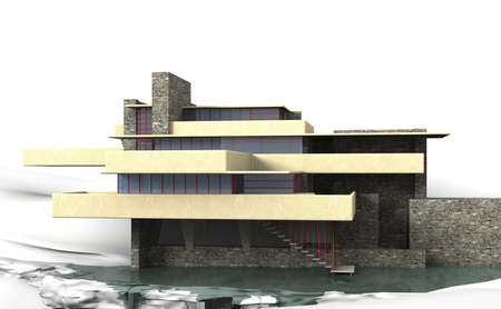 落水荘カウフマン邸は ピッツバーグの南東地方南西ペンシルバニア州 43 マイル 69 の Km の 1935 年の建築家フランク ロイド ライトによって設計家 4 家がミルを実行 セクションで実行するクマに滝上部分的造られました の写真素材 画像素材 Image